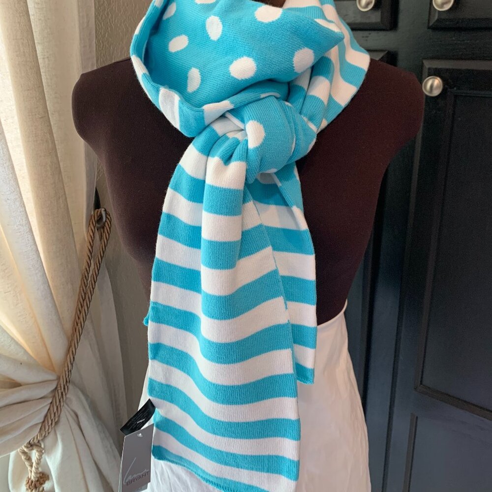 NWT Lane Bryant Blue White Reversible Knit Scarf Polka Dots & Stripes